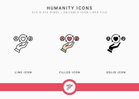 iconos de la humanidad establecer ilustración vectorial con estilo de línea de icono sólido. concepto de devolución de caridad. icono de trazo editable en un fondo aislado para diseño web, interfaz de usuario y aplicación móvil vector