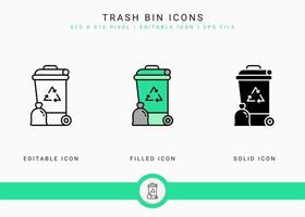 Trash bin icons set vector illustration with solid icon line style. Recycle garbage basket concept. Editable stroke icon on isolated background for web design, infographic and UI mobile app.