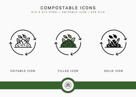 Compostable icons set vector illustration with solid icon line style. Bio decompose concept. Editable stroke icon on isolated background for web design, infographic and UI mobile app.