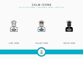 Calm icons set vector illustration with solid icon line style. Meditating energy concept. Editable stroke icon on isolated background for web design, user interface, and mobile app