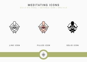 los iconos de meditación establecen la ilustración vectorial con un estilo de línea de icono sólido. concepto de cuerpo de yoga. icono de trazo editable en un fondo aislado para diseño web, interfaz de usuario y aplicación móvil