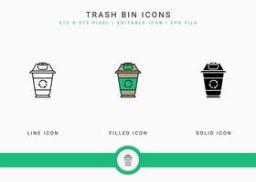 Trash bin icons set vector illustration with solid icon line style. Recycle garbage basket concept. Editable stroke icon on isolated background for web design, user interface, and mobile application