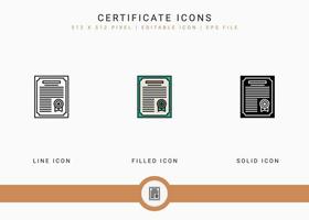 Certificate icons set vector illustration with solid icon line style. Winner award concept. Editable stroke icon on isolated background for web design, user interface, and mobile app