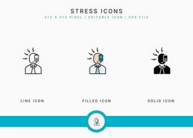 los iconos de estrés establecen una ilustración vectorial con un estilo de línea de icono sólido. concepto de depresión y presión. icono de trazo editable en un fondo aislado para diseño web, interfaz de usuario y aplicación móvil vector