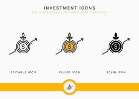 Investment icons set vector illustration with icon line style. Pension fund plan concept. Editable stroke icon on isolated white background for web design, user interface, and mobile application
