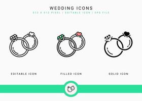 Wedding icons set vector illustration with solid icon line style. Love romance concept. Editable stroke icon on isolated background for web design, user interface, and mobile application