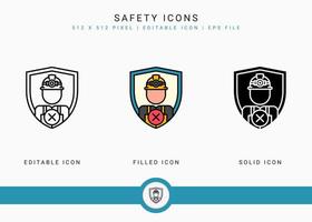 iconos de seguridad establecen ilustración vectorial con estilo de línea de icono sólido. concepto de accidente de trabajo seguro. icono de trazo editable en un fondo aislado para diseño web, interfaz de usuario y aplicación móvil vector