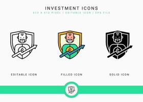 iconos de inversión establecer ilustración vectorial con estilo de línea de icono. concepto de plan de fondo de pensiones. icono de trazo editable sobre fondo blanco aislado para diseño web, interfaz de usuario y aplicación móvil vector