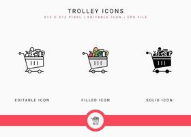 Trolley icons set vector illustration with solid icon line style. Online store retail concept. Editable stroke icon on isolated background for web design, user interface, and mobile app