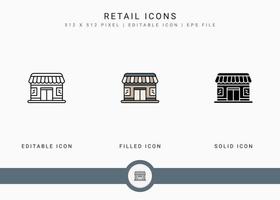 Retail icons set vector illustration with solid icon line style. Online store market concept. Editable stroke icon on isolated background for web design, user interface, and mobile app