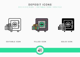 iconos de depósito establecen ilustración vectorial con estilo de línea de icono. concepto de plan de fondo de pensiones. icono de trazo editable sobre fondo blanco aislado para diseño web, interfaz de usuario y aplicación móvil vector