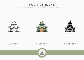 Politics icons set vector illustration with solid icon line style. Government public election concept. Editable stroke icon on isolated background for web design, user interface, and mobile app