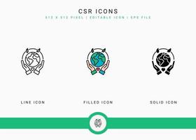 CSR icons set vector illustration with solid icon line style. Life give back concept. Editable stroke icon on isolated background for web design, user interface, and mobile application