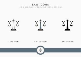 Law icons set vector illustration with solid icon line style. Government public election concept. Editable stroke icon on isolated background for web design, user interface, and mobile app