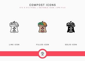 Compost icons set vector illustration with solid icon line style. Bio degradable concept. Editable stroke icon on isolated background for web design, infographic and UI mobile app.