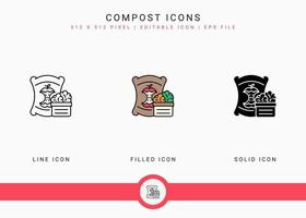 Compost icons set vector illustration with solid icon line style. Bio degradable concept. Editable stroke icon on isolated background for web design, infographic and UI mobile app.