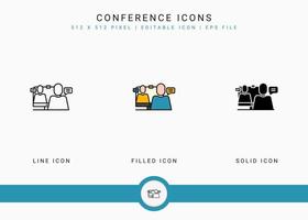 Conference icons set vector illustration with solid icon line style. Video call communication concept. Editable stroke icon on isolated background for web design, infographic and UI mobile app.