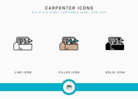 Carpenter icons set vector illustration with solid icon line style. Hammer tool building concept. Editable stroke icon on isolated background for web design, user interface, and mobile application