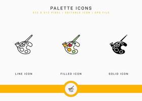 Palette icons set vector illustration with solid icon line style. Color brush art concept. Editable stroke icon on isolated background for web design, user interface, and mobile application