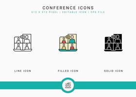 Conference icons set vector illustration with solid icon line style. Video call communication concept. Editable stroke icon on isolated background for web design, infographic and UI mobile app.