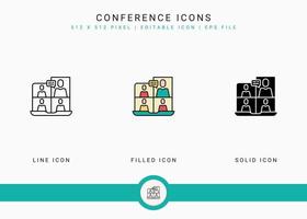 los iconos de la conferencia establecen una ilustración vectorial con un estilo de línea de icono sólido. concepto de comunicación de videollamada. icono de trazo editable en un fondo aislado para diseño web, infografía y aplicación móvil ui. vector