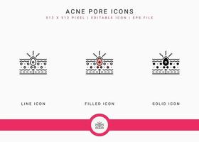 Acne pore icons set vector illustration with solid icon line style. Skin inflammation dermatology concept. Editable stroke icon on isolated background for web design, infographic and UI mobile app.