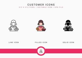 Customer icons set vector illustration with solid icon line style. Consumer satisfaction check concept. Editable stroke icon on isolated background for web design, infographic and UI mobile app.