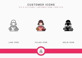 los iconos de los clientes establecen una ilustración vectorial con un estilo de línea de icono sólido. concepto de control de satisfacción del consumidor. icono de trazo editable en un fondo aislado para diseño web, infografía y aplicación móvil ui. vector