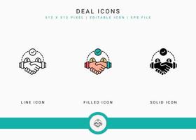 Deal icons set vector illustration with solid icon line style. Auction act concept. Editable stroke icon on isolated background for web design, user interface, and mobile application