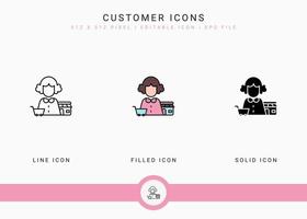 Customer icons set vector illustration with solid icon line style. Consumer satisfaction check concept. Editable stroke icon on isolated background for web design, infographic and UI mobile app.