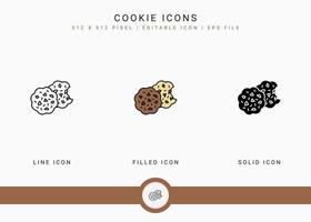 iconos de cookies establecer ilustración vectorial con estilo de línea de icono sólido. concepto de mordedura de galleta. icono de trazo editable en un fondo aislado para diseño web, interfaz de usuario y aplicación móvil