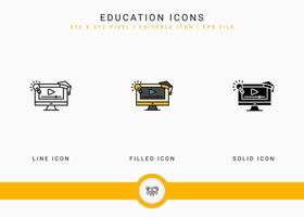 Education icons set vector illustration with solid icon line style. Online video webinar concept. Editable stroke icon on isolated background for web design, user interface, and mobile app
