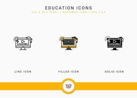 iconos de educación establecer ilustración vectorial con estilo de línea de icono sólido. concepto de seminario web de video en línea. icono de trazo editable en un fondo aislado para diseño web, interfaz de usuario y aplicación móvil vector