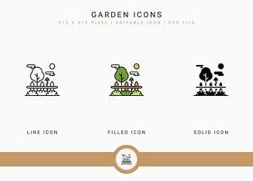 iconos de jardín establecen ilustración vectorial con estilo de línea de icono sólido. concepto de agricultura de jardinería de plantas. icono de trazo editable en un fondo aislado para diseño web, interfaz de usuario y aplicación móvil vector