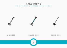 Rake icons set vector illustration with solid icon line style. Plant gardening agriculture concept. Editable stroke icon on isolated background for web design, user interface, and mobile app