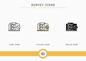 Survey icons set vector illustration with solid icon line style. Customer satisfaction check concept. Editable stroke icon on isolated background for web design, infographic and UI mobile app.