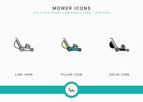 Mower icons set vector illustration with solid icon line style. Plant gardening agriculture concept. Editable stroke icon on isolated background for web design, user interface, and mobile app