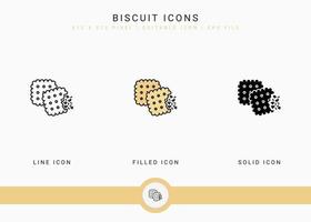 Biscuit icons set vector illustration with solid icon line style. Cookie bite concept. Editable stroke icon on isolated background for web design, user interface, and mobile app