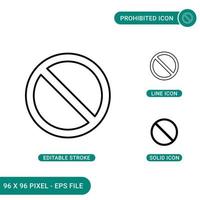 Prohibited icons set vector illustration with solid icon line style. Disallowed circle caution concept. Editable stroke icon on isolated background for web design, infographic and UI mobile app.