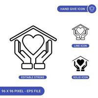 Hand give icons set vector illustration with solid icon line style. CSR or life care concept. Editable stroke icon on isolated background for web design, infographic and UI mobile app.