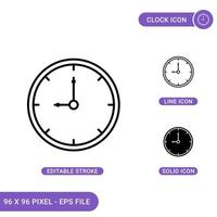 Clock icons set vector illustration with solid icon line style. Classic wall clock concept. Editable stroke icon on isolated background for web design, infographic and UI mobile app.