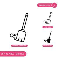 Broom icons set vector illustration with solid icon line style. Tidy broomstick concept. Editable stroke icon on isolated background for web design, infographic and UI mobile app.