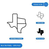 Texas icons set vector illustration with solid icon line style. Texas map border concept. Editable stroke icon on isolated background for web design, infographic and UI mobile app.