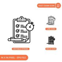 Fast exam icons set vector illustration with solid icon line style. Quick survey content concept. Editable stroke icon on isolated background for web design, infographic and UI mobile app.
