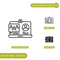 Online webinar icons set vector illustration with solid icon line style. Digital communication concept. Editable stroke icon on isolated background for web design, infographic and UI mobile app.