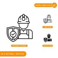 Work care icons set vector illustration with solid icon line style. Safety accident shield concept. Editable stroke icon on isolated background for web design, infographic and UI mobile app.