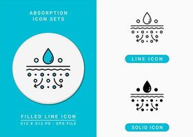 Absorption icons set vector illustration with solid icon line style. Drop water emulsion symbol. Editable stroke icon on isolated background for web design, infographic and UI mobile app.