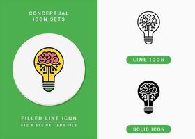 Conceptual icons set vector illustration with solid icon line style. Chip brain inside bulb symbol. Editable stroke icon on isolated background for web design, user interface, and mobile app