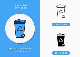 Trash bin icons set vector illustration with solid icon line style. Recycle garbage basket concept. Editable stroke icon on isolated background for web design, infographic and UI mobile app.