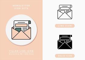 Newsletter icons set vector illustration with solid icon line style. Message and mail concept. Editable stroke icon on isolated background for web design, infographic and UI mobile app.
